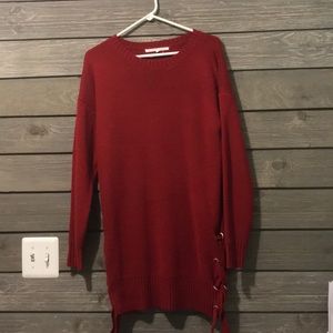 Red side tie up sweater dress.